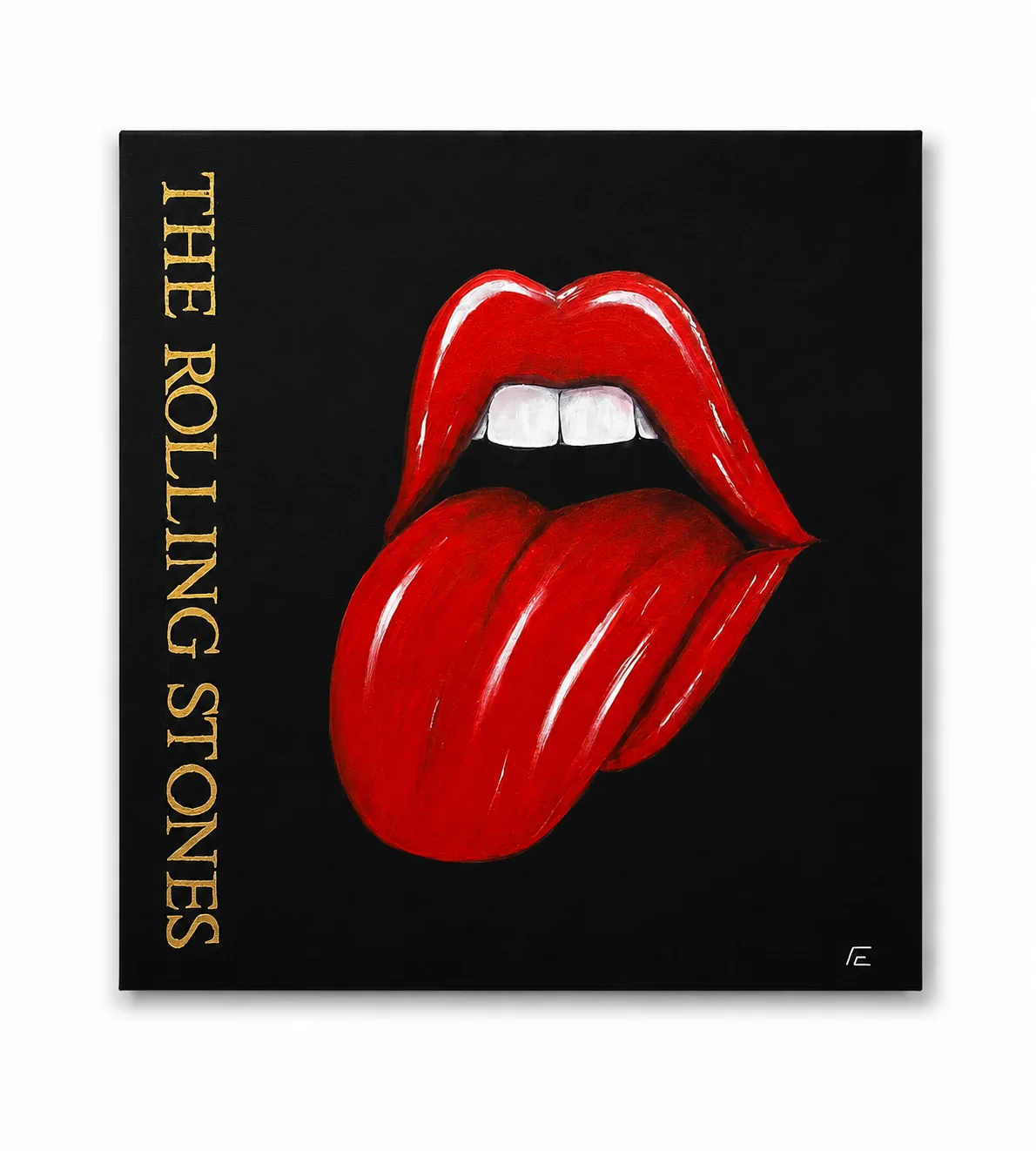 Omaggio ai Rolling Stones con labbra e lingua rosse su fondo nero